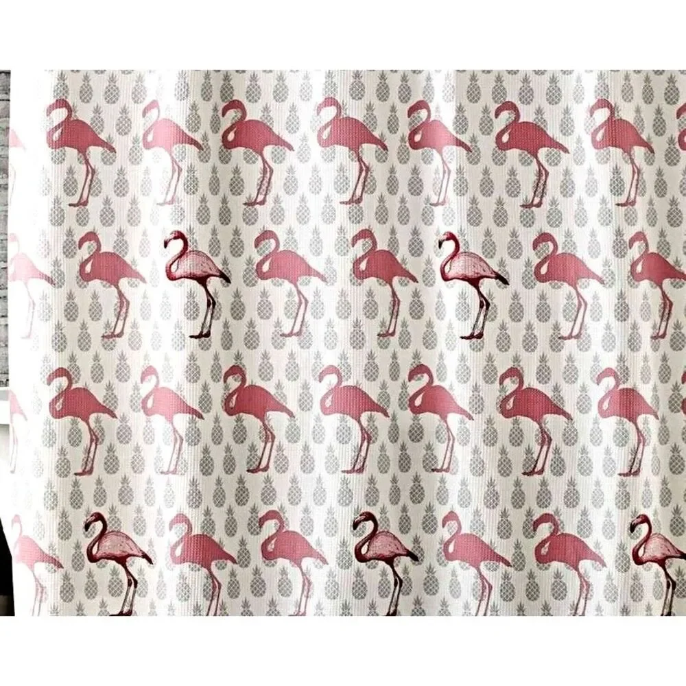 Tropical Flock of Flamingos Shower Curtain Gray Pineapples Pink Bird on White